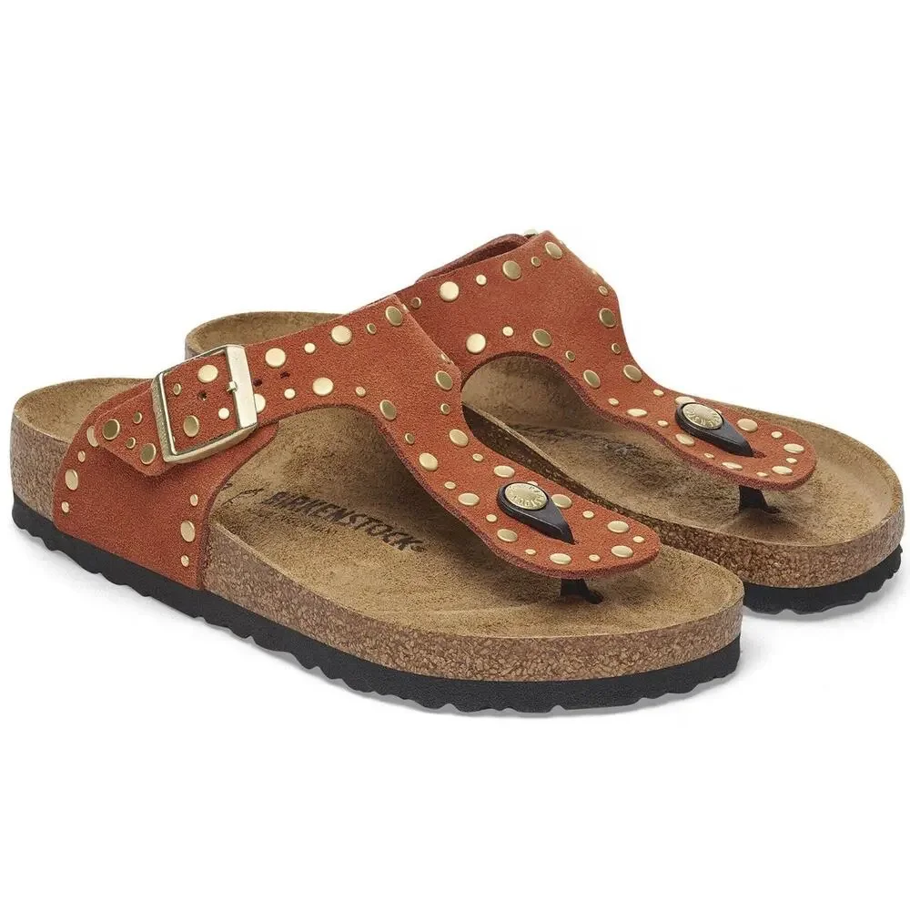 Birkenstock Gizeh Rivet Border Sandals 41 Dark Rust Terracotta Suede Thong Stud - Picture 15 of 16